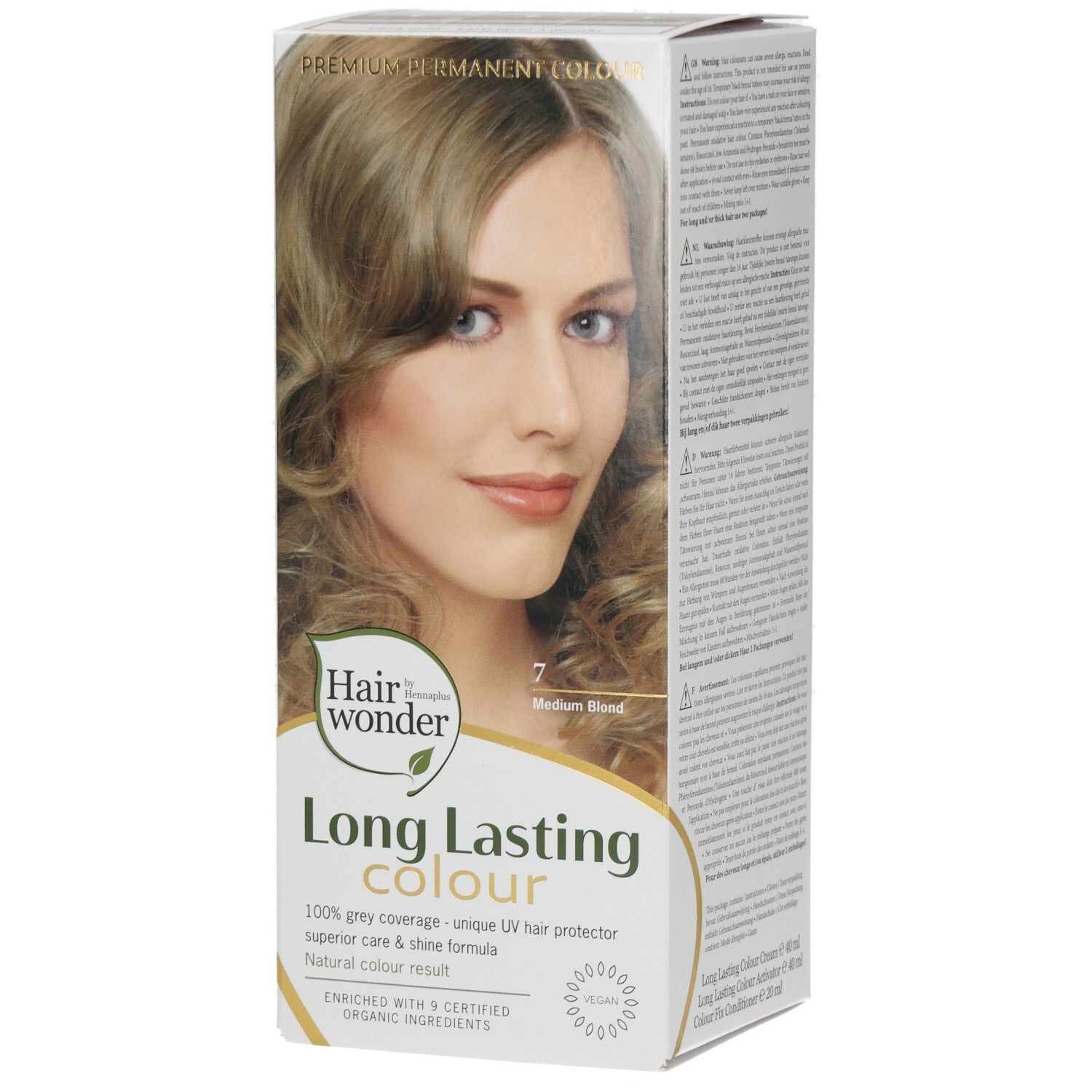 Haarkleurverpakking met modelafbeelding, "Long Lasting Colour 7 Medium Blond" opschrift.