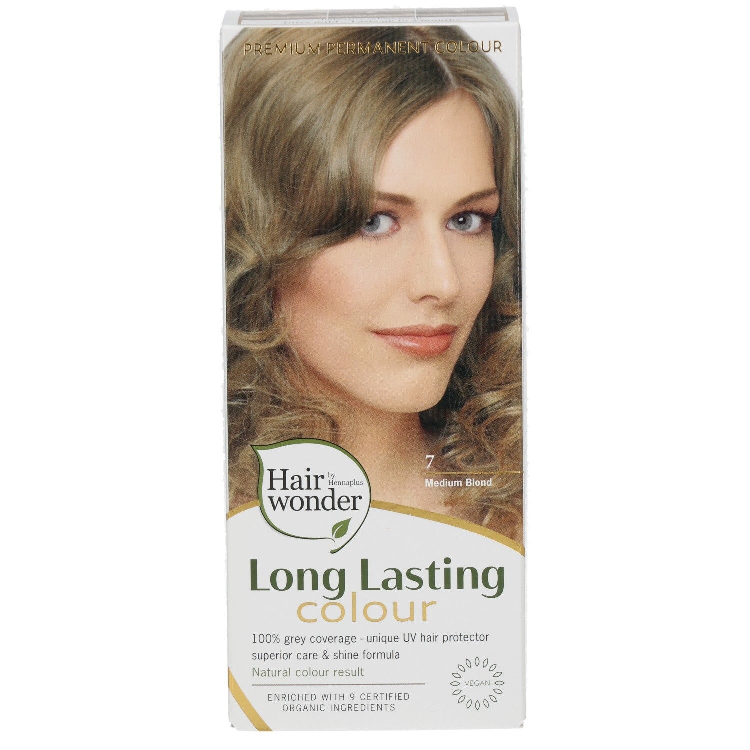 Haarkleurverpakking met modelafbeelding, "Long Lasting Colour 7 Medium Blond" opschrift.