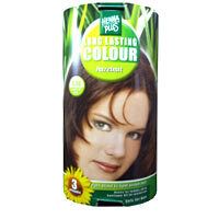 Cilindervormige verpakking. Opschrift: "Long Lasting Colour Hazelnut". Afbeelding van een gezicht met bruin haar.
