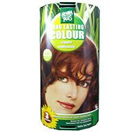 Emballage avec image du produit. Inscription : Long Lasting Colour, Copper Mahogany. Image d'une femme aux cheveux bruns.