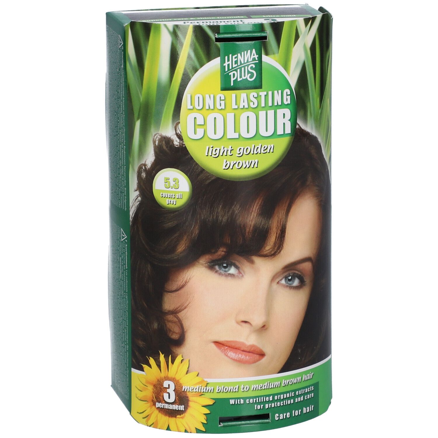 Hennaplus Long Lasting Colour 5,3. Doos met afbeelding van een vrouw met bruin haar. Opschrift: light golden brown.