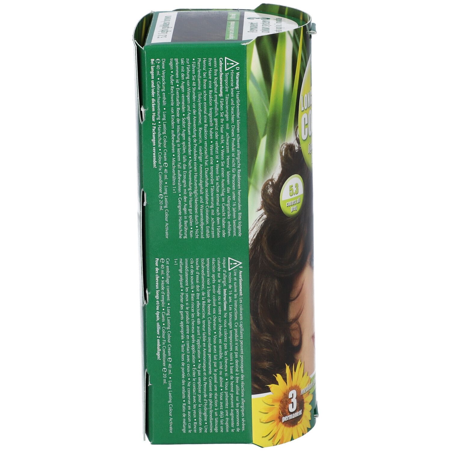 Hennaplus Long Lasting Colour 5,3. Zijaanzicht van de doos met tekst. Groen en wit. Opschrift: light golden brown.