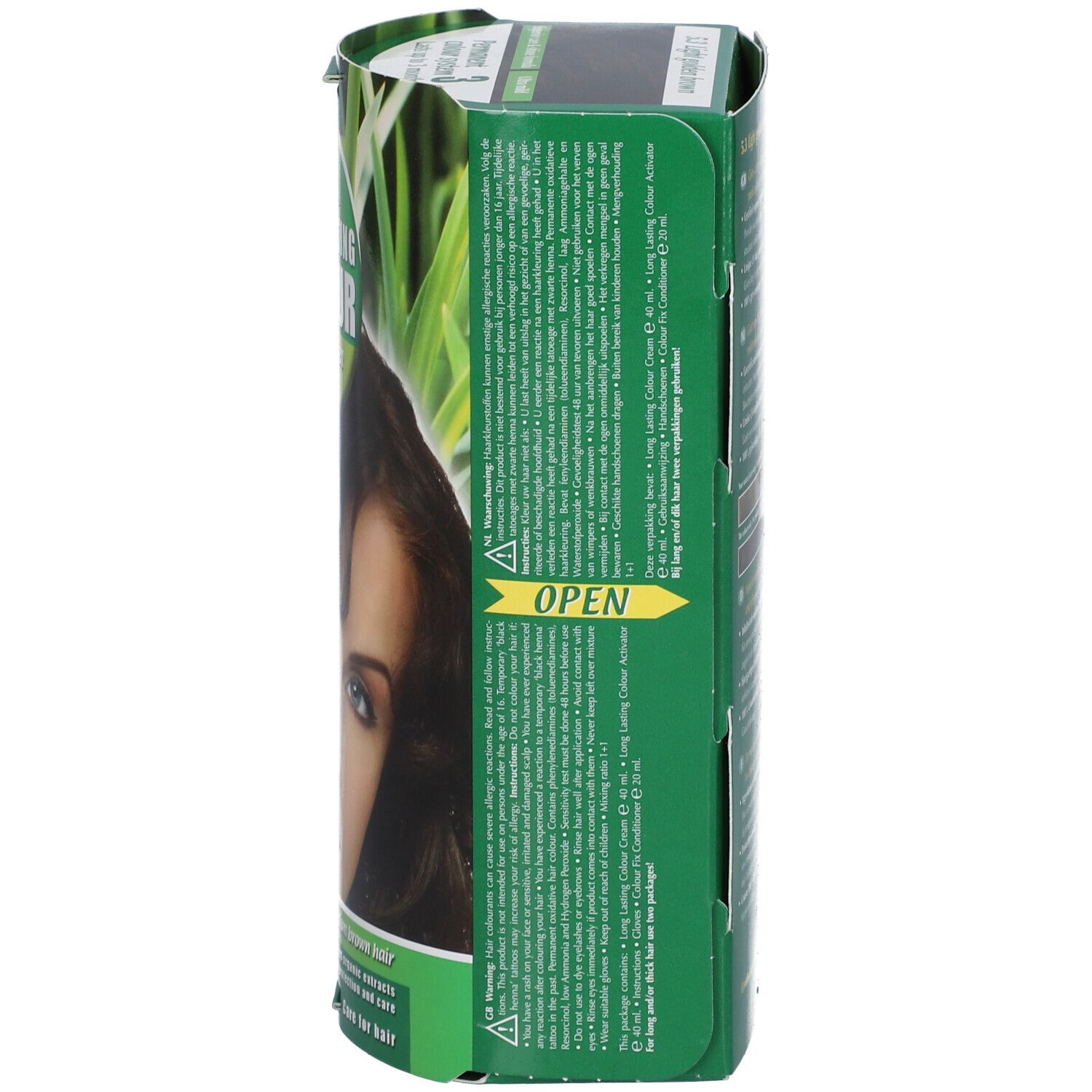 Hennaplus Long Lasting Colour 5,3. Zijaanzicht van de doos met tekst. Groen en wit. Opschrift: light golden brown. Met openingsinstructie.