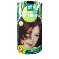 Verpakking Hennaplus Long Lasting Colour 5,5. Afbeelding van vrouw met bruin haar. Groen-geel logo, zonnebloem.