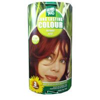 Verpakking van Hennaplus Long Lasting Henna Red. Afbeelding van een vrouw met rood haar. Opschrift: Long Lasting Colour, Henna Red.