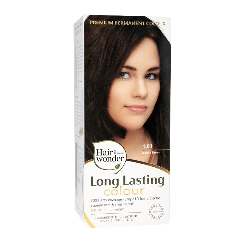 Haarkleurverpakking. Vrouw met bruin haar. Opschrift: Long Lasting Colour, 4.03 Mocha Braun.
