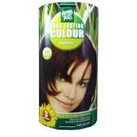 Cilindrische verpakking met Hennaplus Long Lasting Colour. Afbeelding van een vrouw met bruin haar. Opschrift: Auburn 4,56.