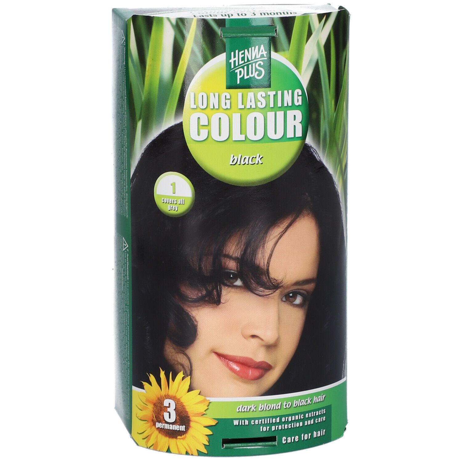Hennaplus Long Lasting Colour Black. Boîte avec image d'une femme aux cheveux noirs. Tournesol et texte.