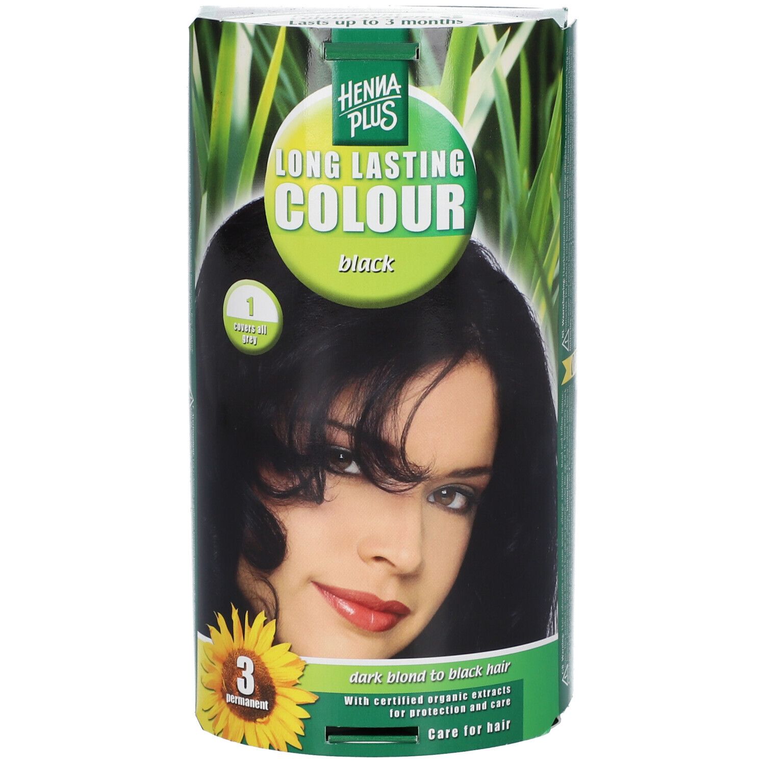 Hennaplus Long Lasting Colour Black. Boîte avec image d'une femme aux cheveux noirs. Tournesol et texte.