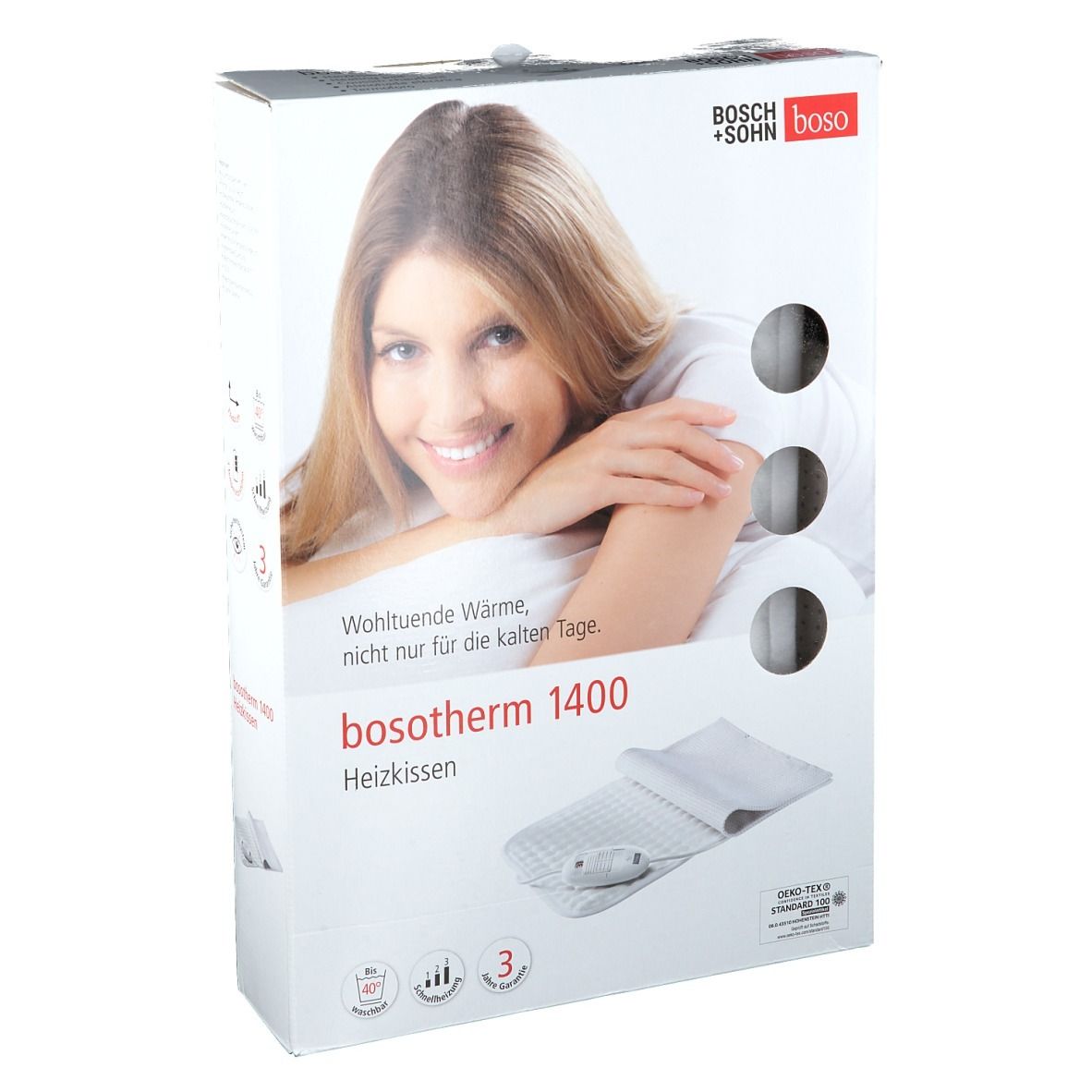 Verpakking van Bosotherm verwarmingskussen 1400. Vrouw op de verpakking. Productnaam en logo zichtbaar. Tekst: Verzachtende warmte, niet alleen voor koude dagen.