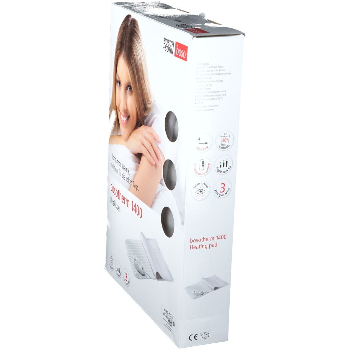 Bosotherm verwarmingskussen 1400 verpakking, zijaanzicht. Vrouw op de verpakking. Productnaam en logo zichtbaar. Pictogrammen en tekst op de zijkant.