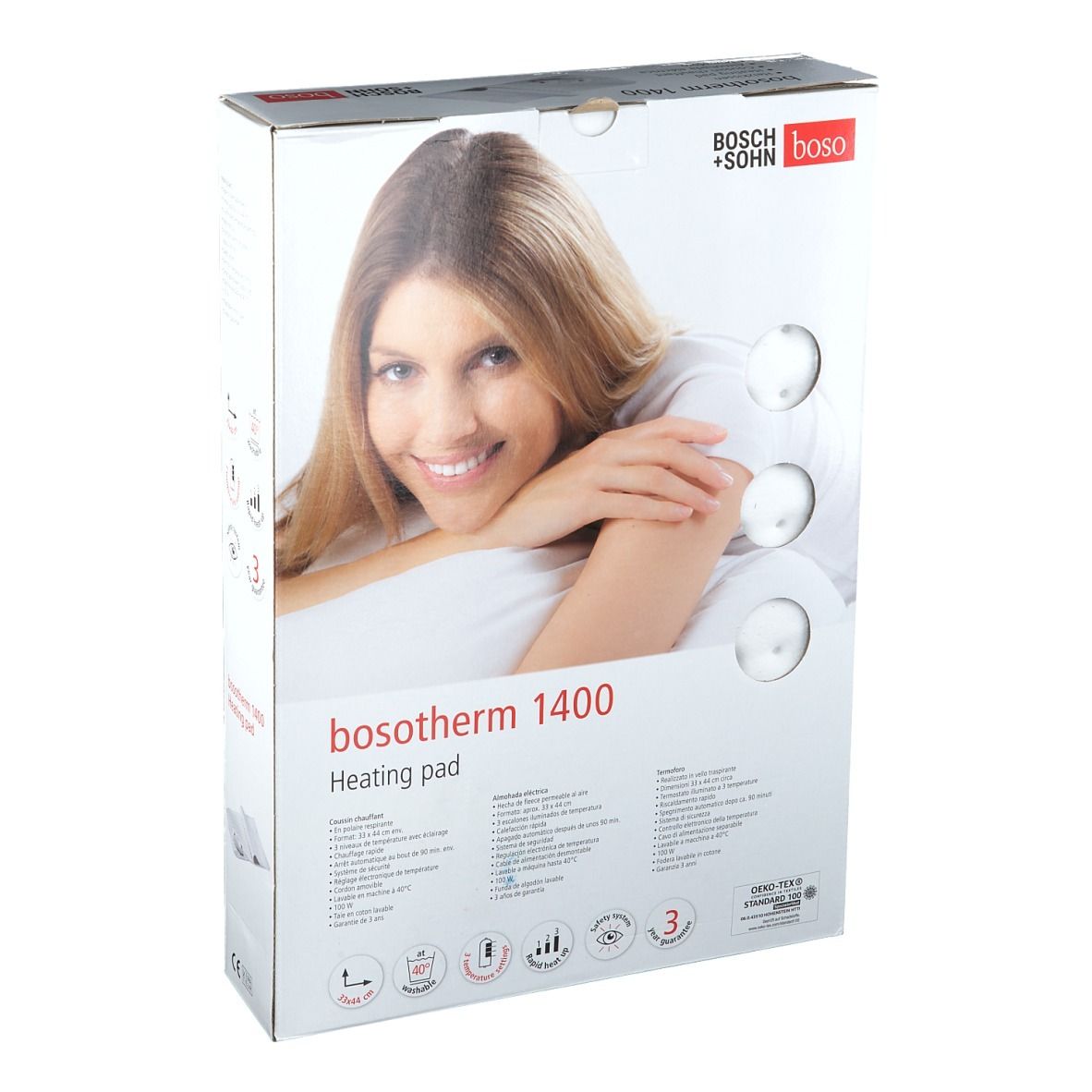 Bosotherm verwarmingskussen 1400 verpakking. Vrouw op de verpakking. Productnaam en logo zichtbaar. Tekst: Verwarming pad, Heating pad. Pictogrammen en tekst op de achterkant.