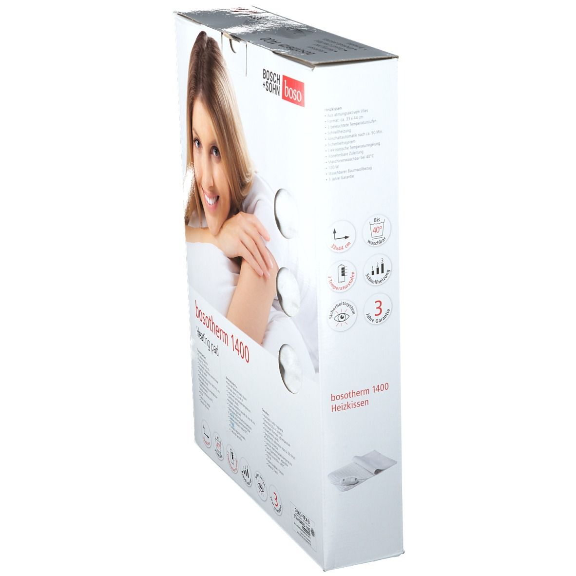 Bosotherm verwarmingskussen 1400 verpakking, zijaanzicht. Vrouw op de verpakking. Productnaam en logo zichtbaar. Pictogrammen en tekst op de zijkant.