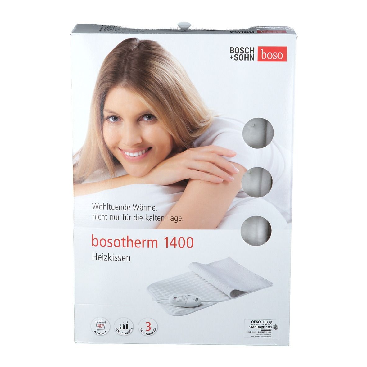 Bosotherm verwarmingskussen 1400 verpakking. Vrouw op de verpakking. Productnaam en logo zichtbaar. Tekst: Verzachtende warmte, niet alleen voor koude dagen.