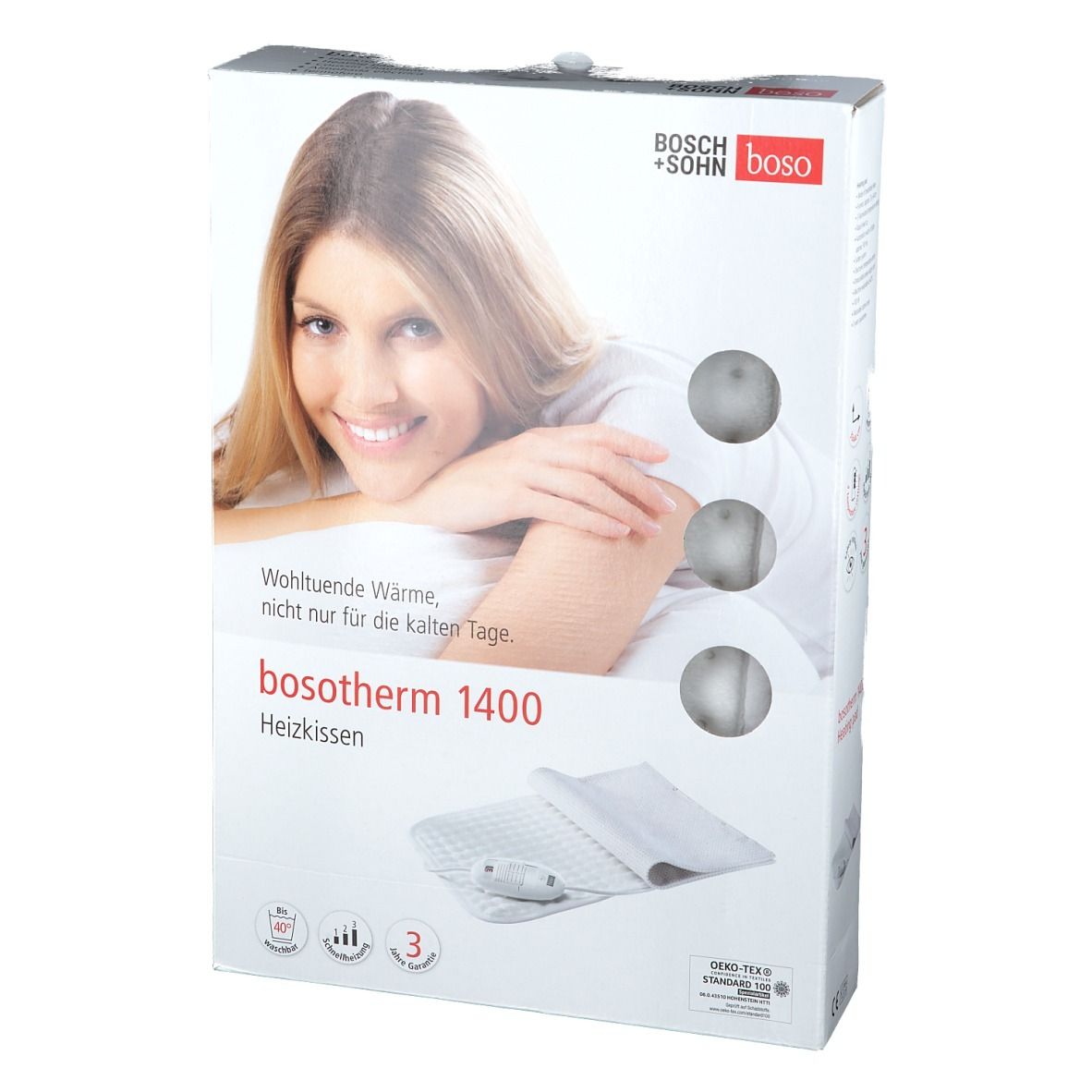 Bosotherm verwarmingskussen 1400 verpakking. Vrouw op de verpakking. Productnaam en logo zichtbaar. Tekst: Verzachtende warmte, niet alleen voor koude dagen.