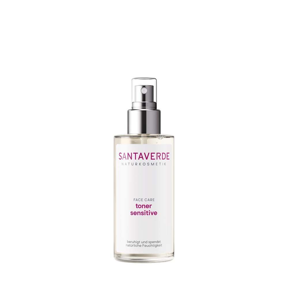 Toner sensitive SANTAVERDE. Flacon pulvérisateur argenté. Étiquette blanche avec texte.
