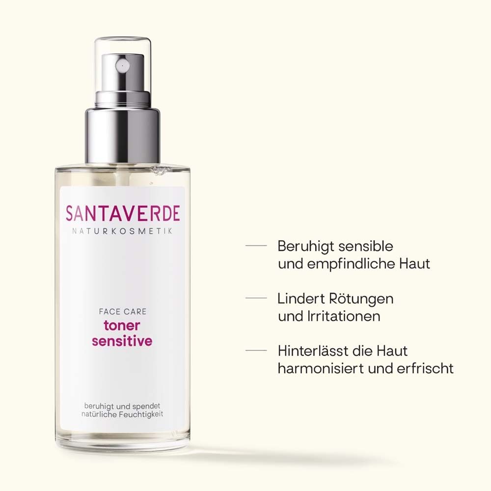 Toner sensitive SANTAVERDE. Flacon pulvérisateur. Texte: apaise, hydrate. Champs de texte avec propriétés.