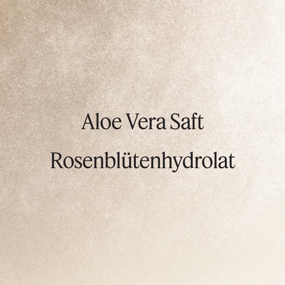 Texte: Jus d'Aloe Vera, hydrolat de rose. Sur fond clair.