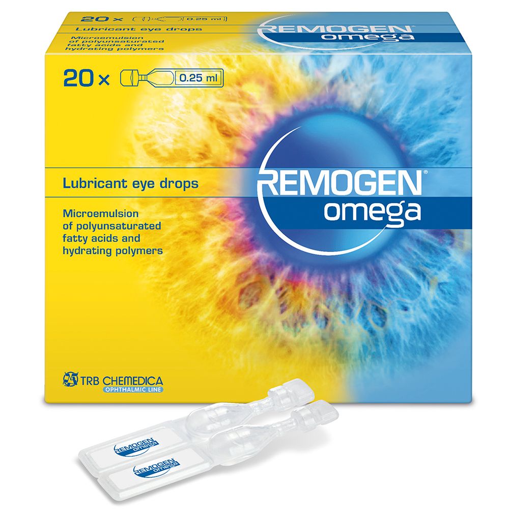 Boîte de gouttes ophtalmiques REMOGEN® Omega. Contient 20 unidoses. Impression : 0,25 ml.