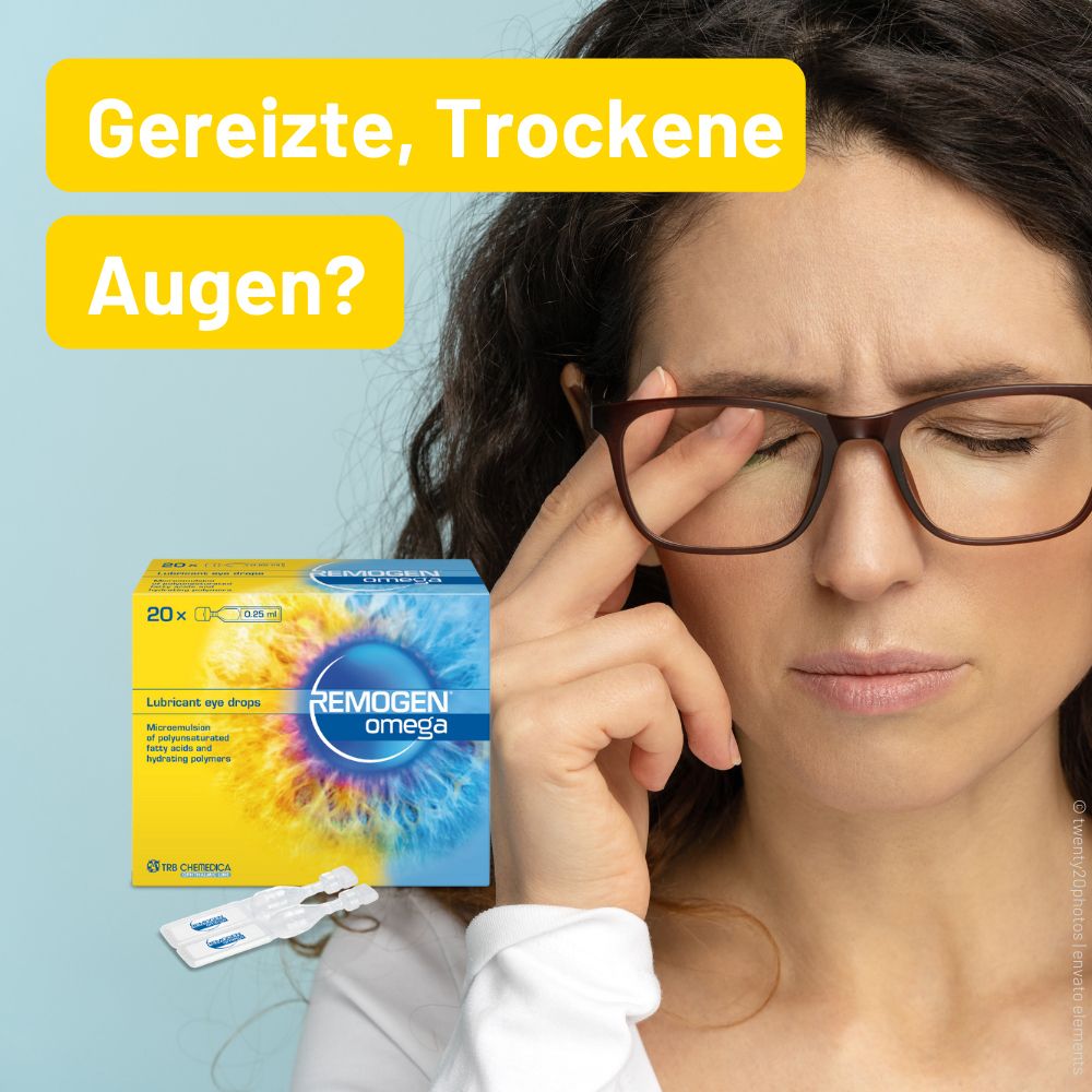 Femme avec des lunettes se frotte l'œil. À côté : emballage REMOGEN® Omega et dose unique.