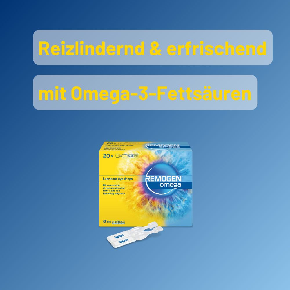 Emballage REMOGEN® Omega et dose unique. Texte : Apaise et rafraîchit avec des acides gras oméga-3.