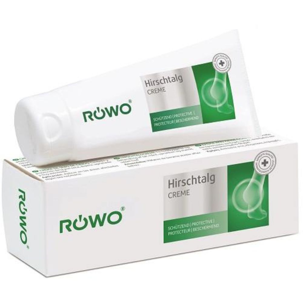 Röwo Hirschtalgcrème tube en kartonnen verpakking met beschermzegelsymbool.