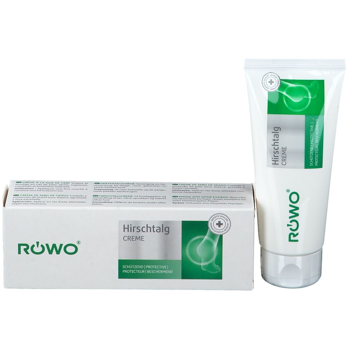 Tube et boîte côte à côte. Boîte avec nom du produit et logo. Marque RÖWO.