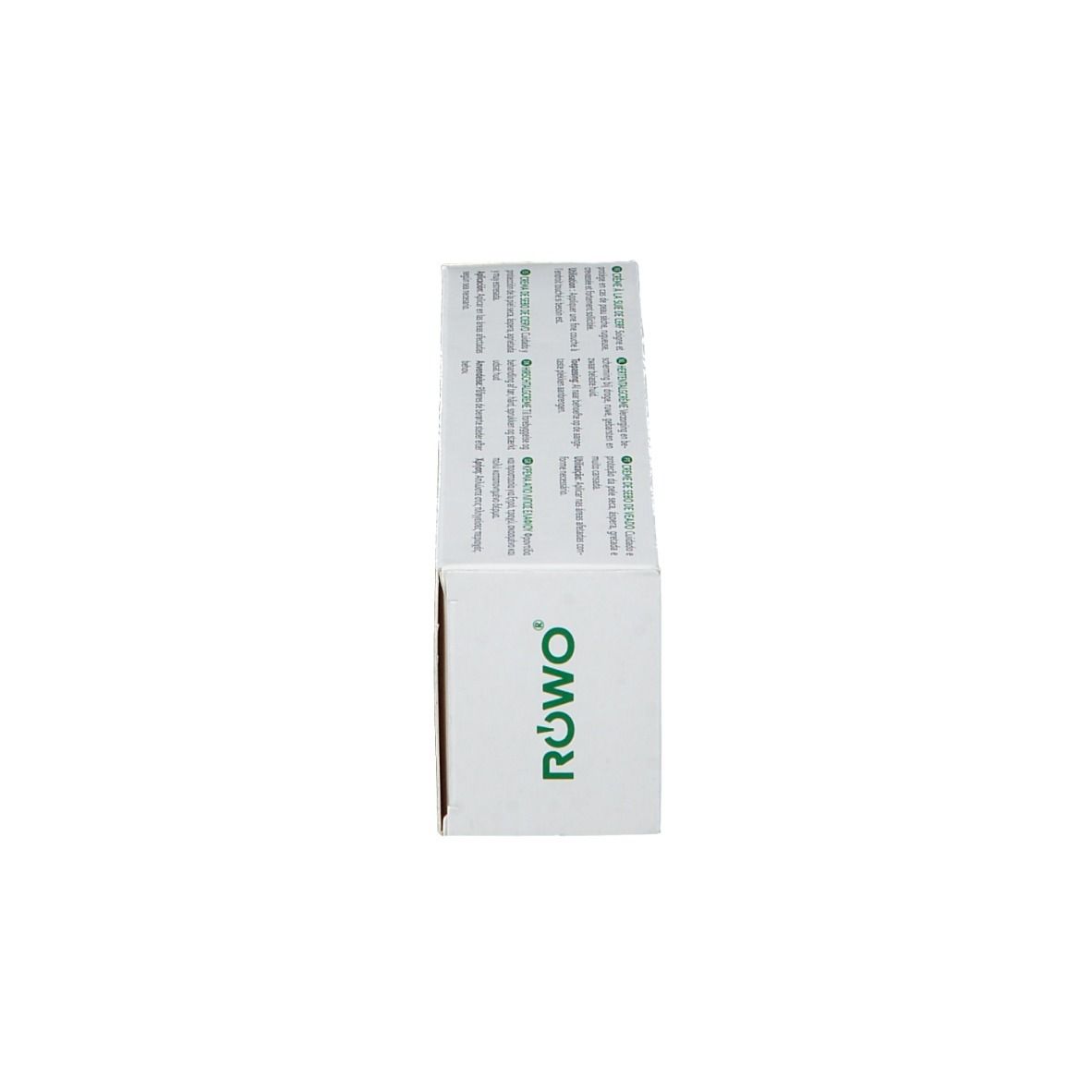 Vue latérale de la boîte. Texte multilingue. Marque RÖWO.