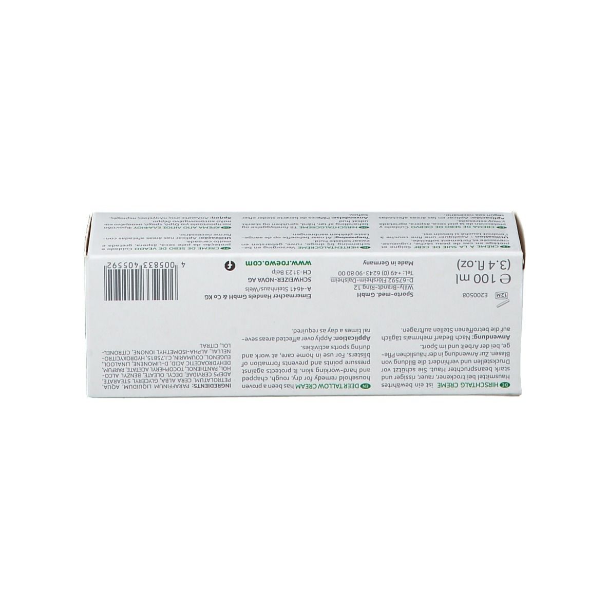 Dos de la boîte. Informations sur le produit, code-barres. Marque RÖWO. 100 ml.