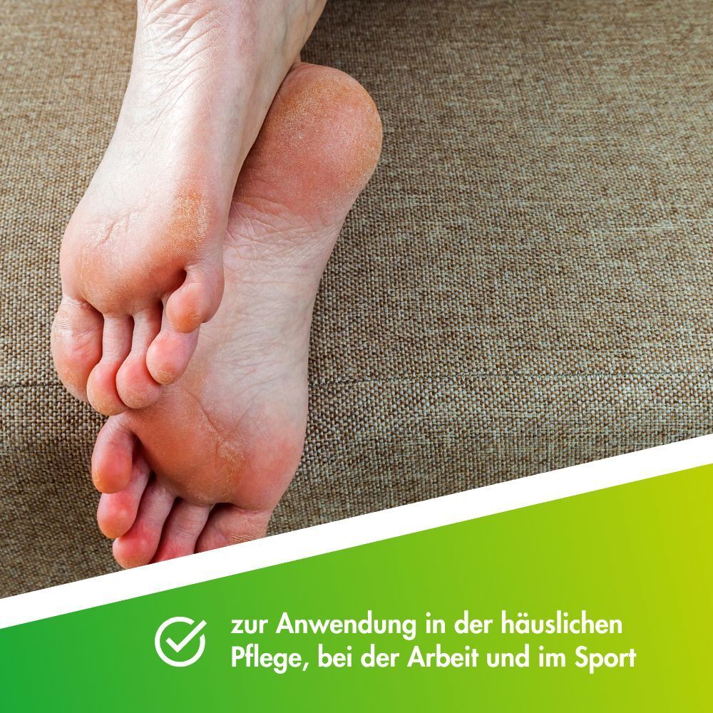 Voeten met droge, gebarsten huid. Tekst: Voor gebruik in de thuiszorg, op het werk en bij sport.