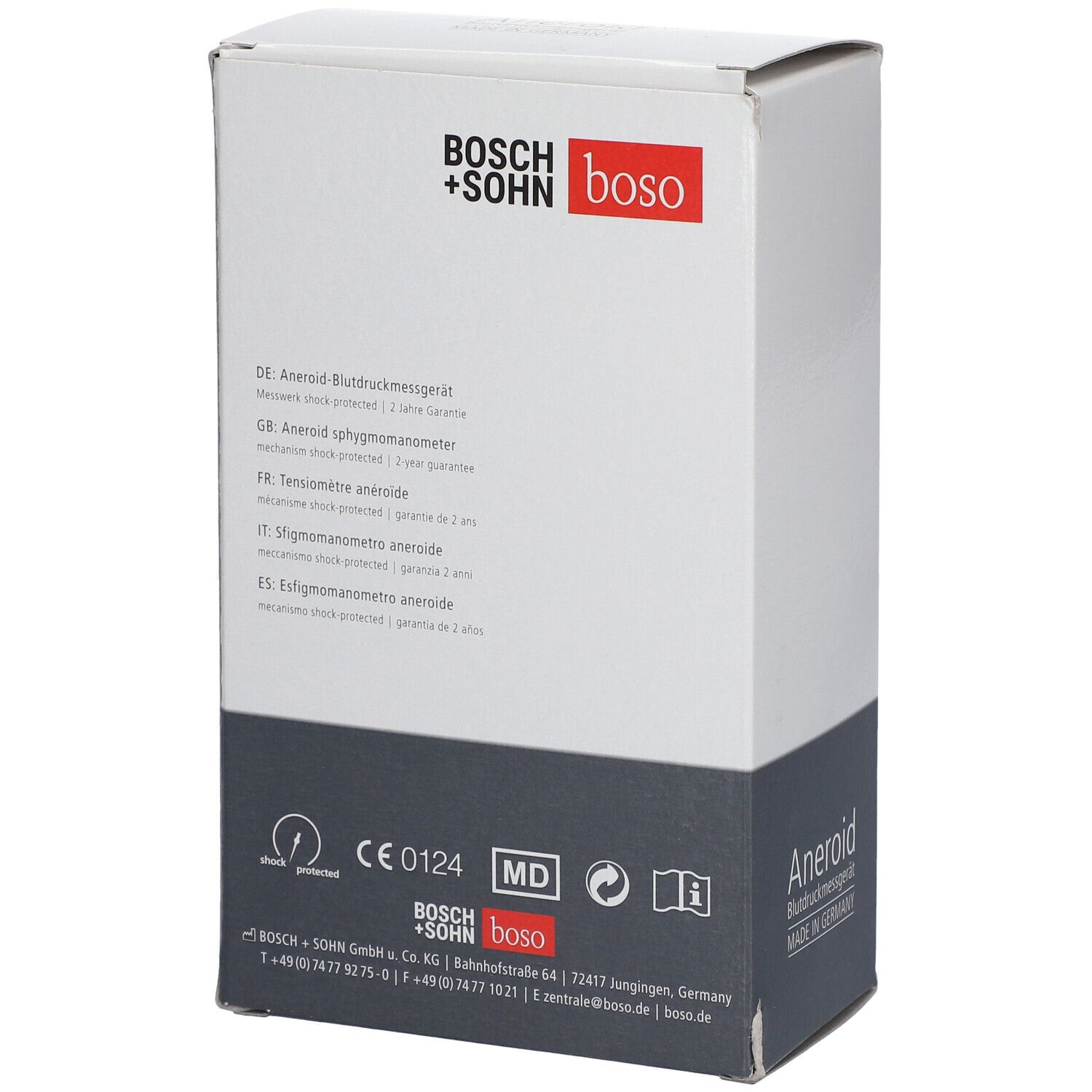 Emballage d'un tensiomètre anéroïde avec stéthoscope. Marque : BOSCH + SOHN boso.