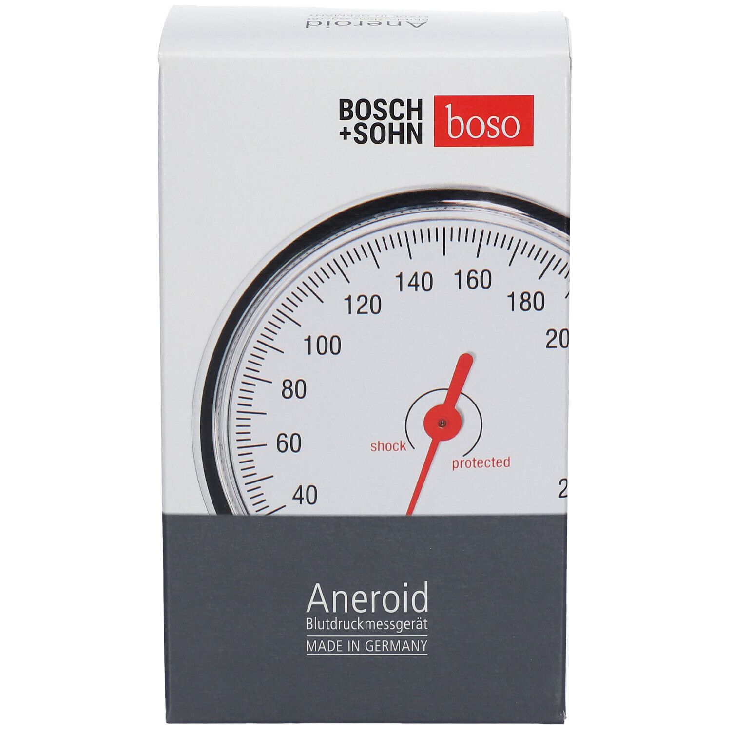 Emballage d'un tensiomètre anéroïde. Marque : BOSCH + SOHN boso. Fabriqué en Allemagne.