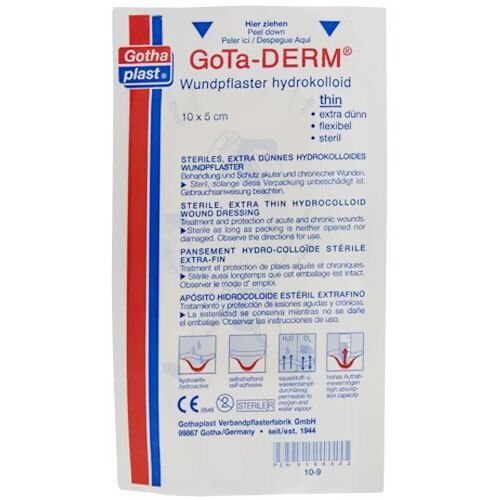 Emballage de pansements hydrocolloïdes GoTa-DERM®. Dimensions 10 x 5 cm. Texte en allemand et anglais. Marquage CE et symbole stérile.