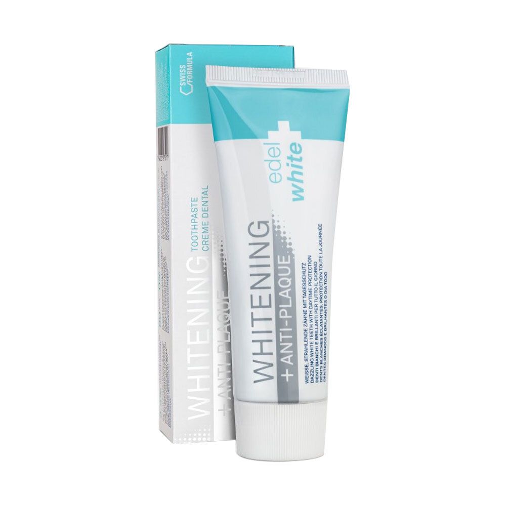Tube et boîte de dentifrice. Blanc, rouge. Inscription : edel white, Whitening Anti-Plaque. Double action.