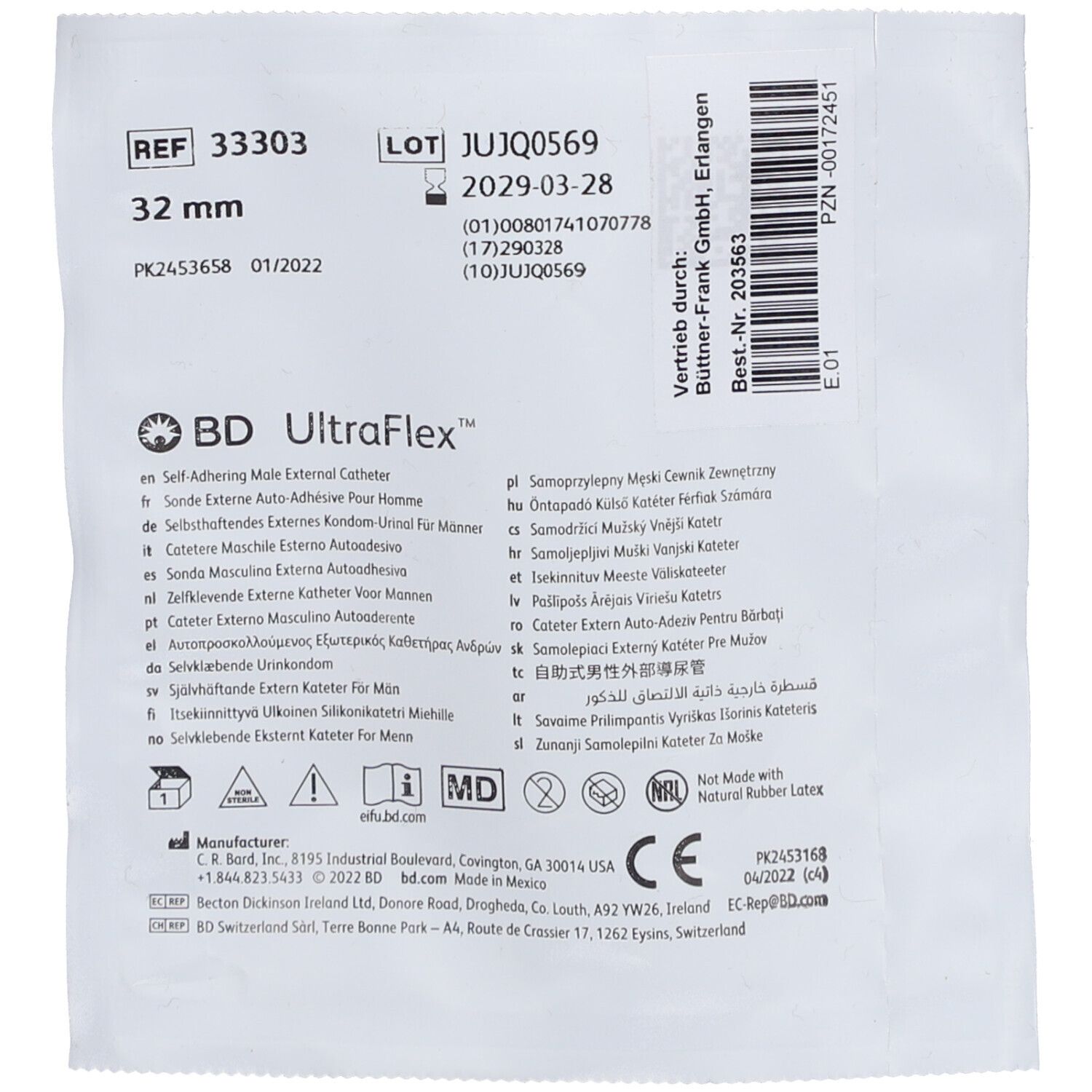 Emballage de cathéter UltraFlex. Cathéter externe masculin auto-adhésif. Fabricant : Bard. Avec marquage CE.