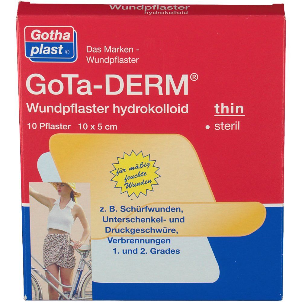 Emballage de pansements GoTa-DERM®. Boîte rouge avec nom du produit, hydrocolloïde, stérile, 10 x 5 cm. Image d'une femme.