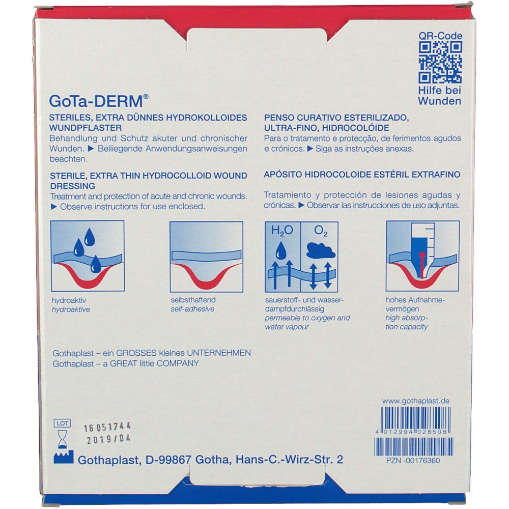 Dos de l'emballage GoTa-DERM®. Texte : Pansement hydrocolloïde stérile extra fin. Illustrations d'utilisation.