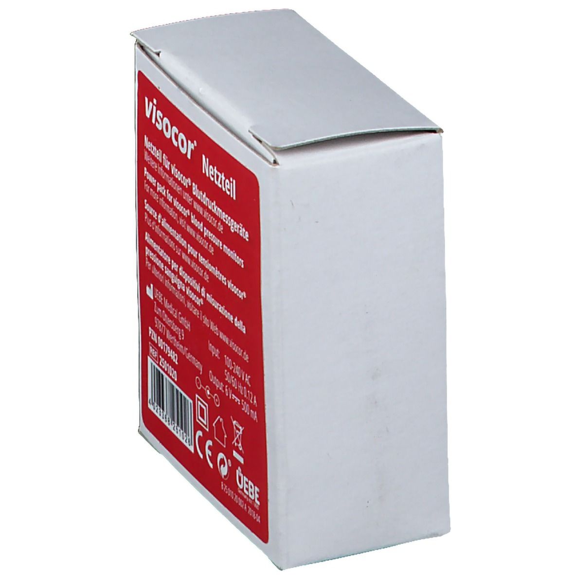 Boîte blanche inclinée avec autocollant rouge. Informations produit, logo visocor® et spécifications techniques.