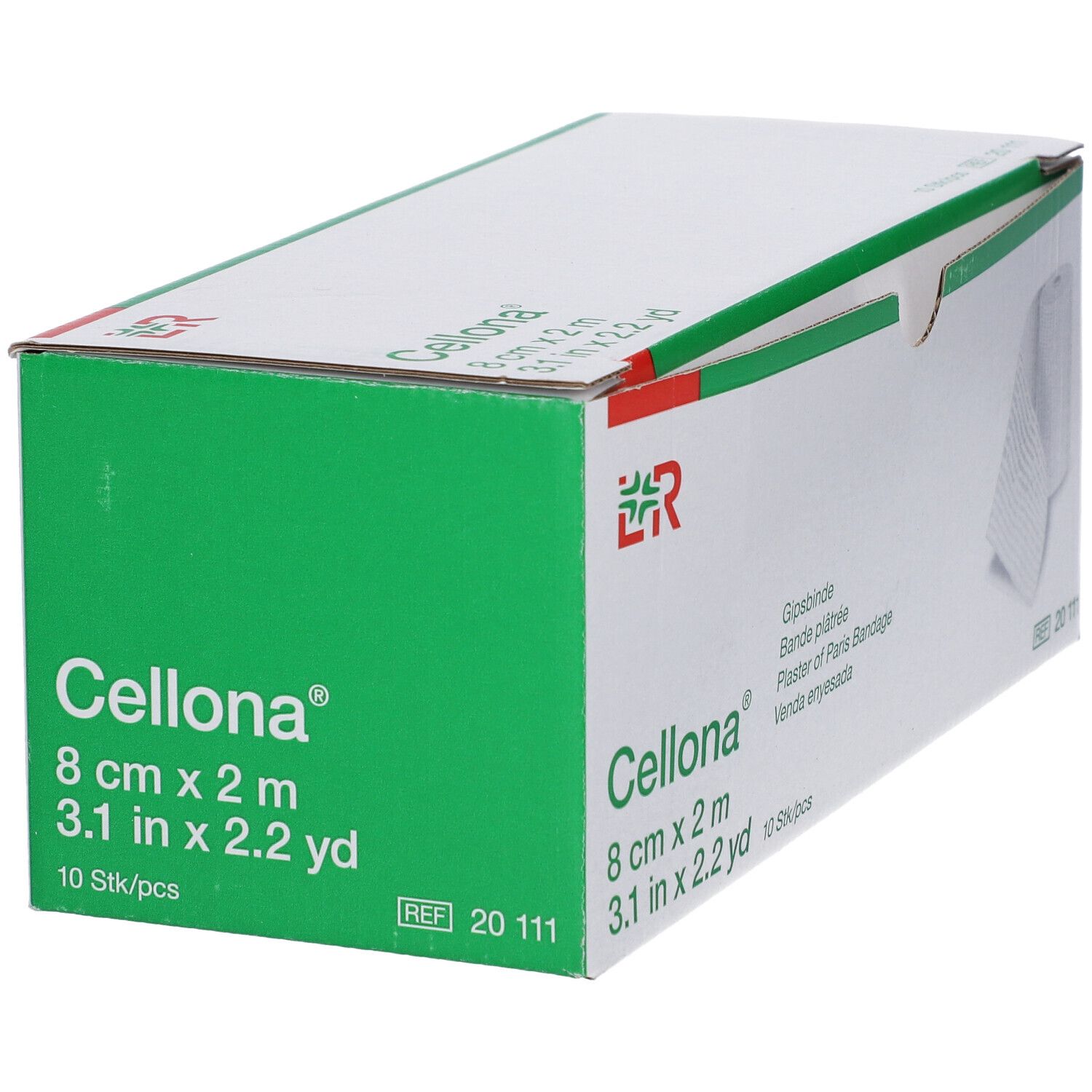 Emballage Cellona Gipsbinde. Boîte blanche avec accents verts. Nom, dimensions et référence du produit visibles.