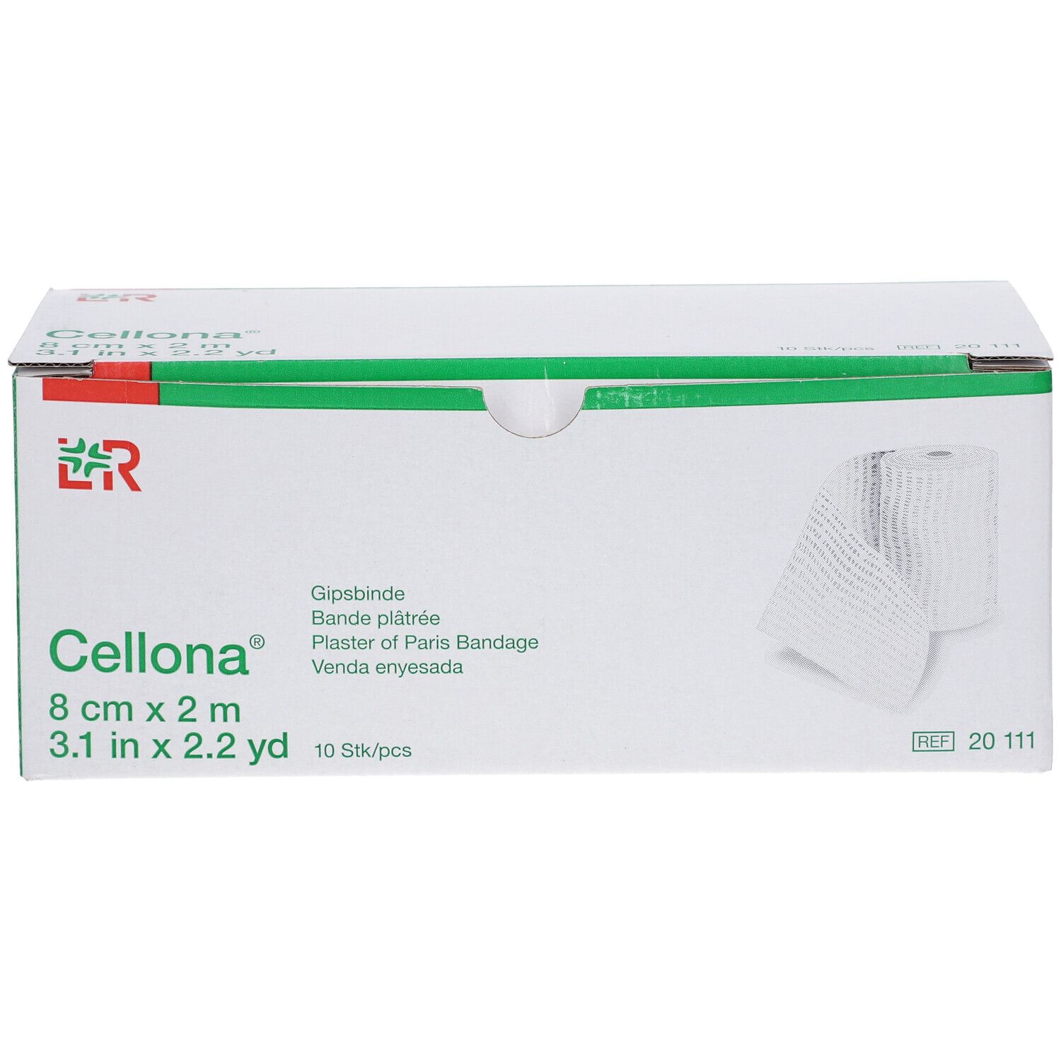Emballage Cellona Gipsbinde. Boîte blanche avec accents verts. Produit et rouleau visibles.