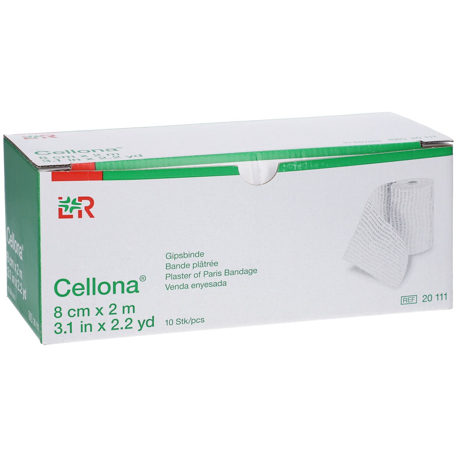 Emballage Cellona Gipsbinde. Boîte blanche avec accents verts. Produit et rouleau visibles.