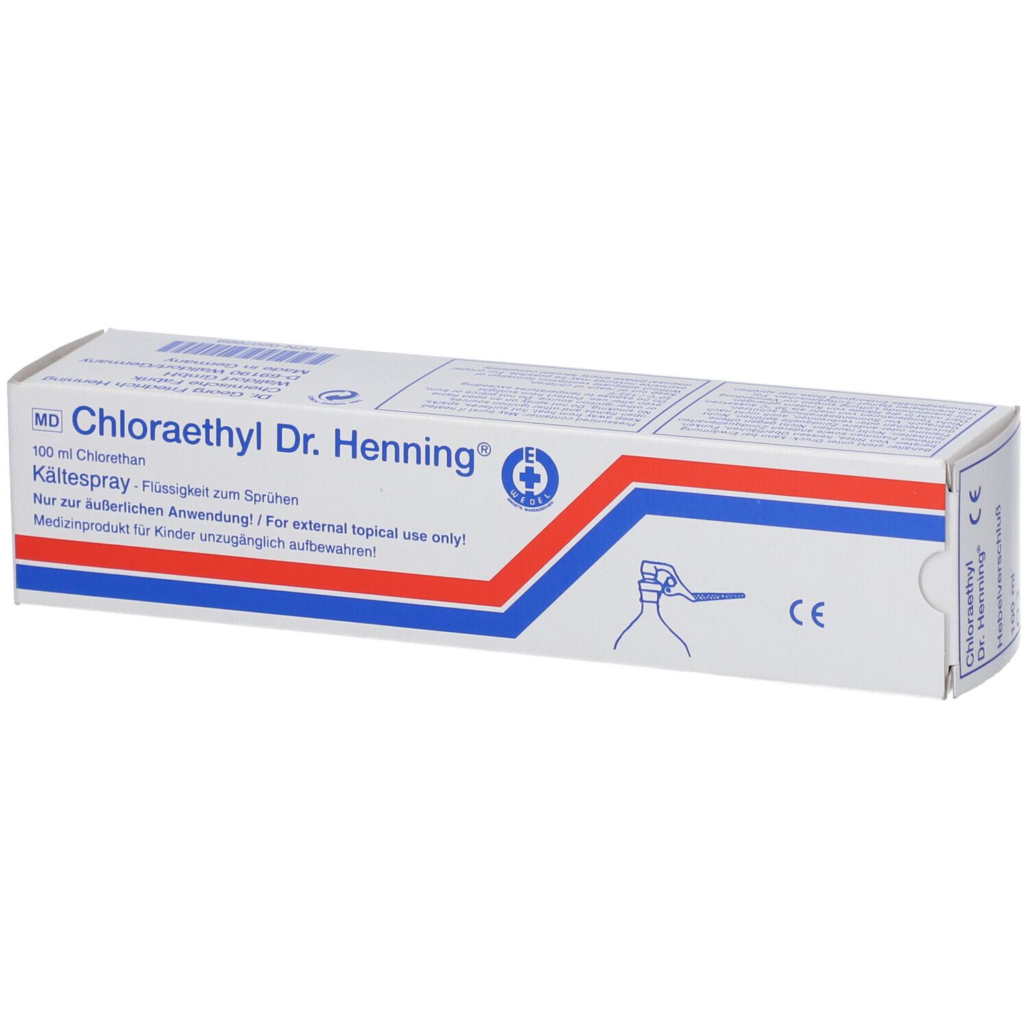 Doos van Chloraethyl Dr. Henning®. Blauwe, rode strepen. Tekst: Kältespray, 100 ml Chlorethan. CE-markering.