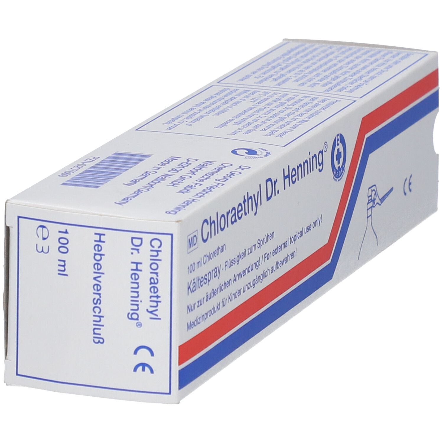 Doos van Chloraethyl Dr. Henning®. Tekst: 100 ml, Hebelverschluss. CE-markering. Blauwe, rode strepen.