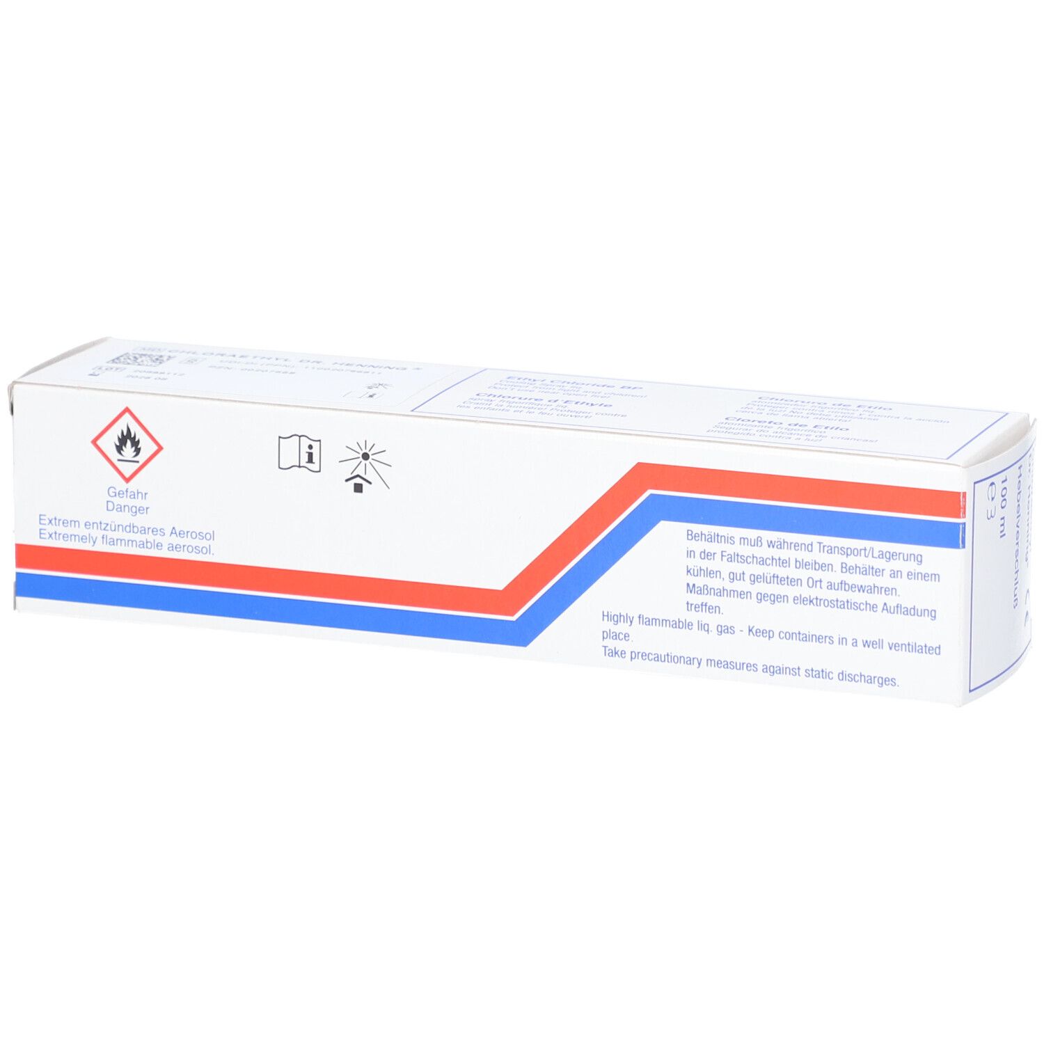 Doos van Chloraethyl Dr. Henning®. Waarschuwingen. Blauwe, rode strepen. Gevaarsymbool: licht ontvlambaar.