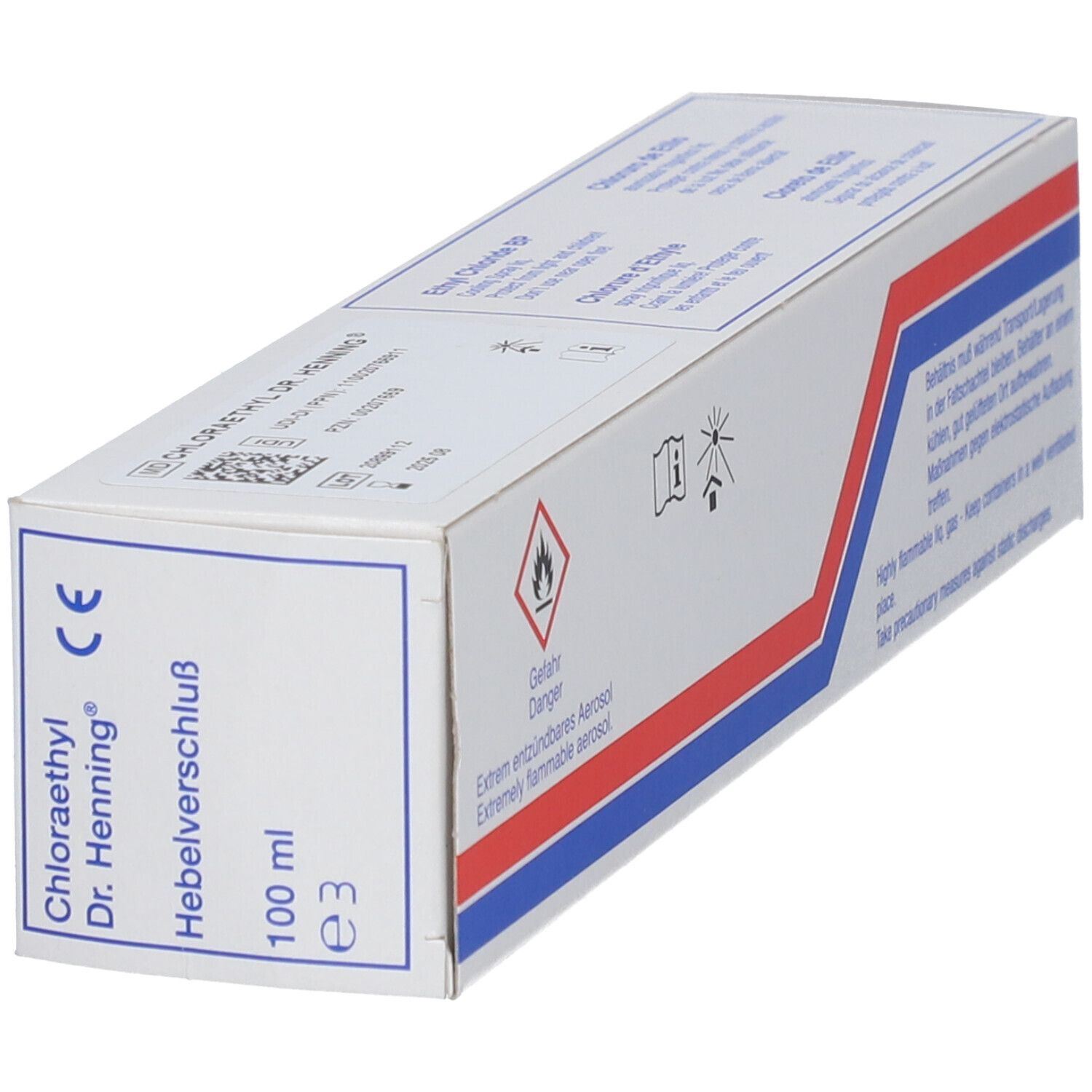 Doos van Chloraethyl Dr. Henning®. Tekst: 100 ml, Hebelverschluss. Gevaarsymbool: licht ontvlambaar.