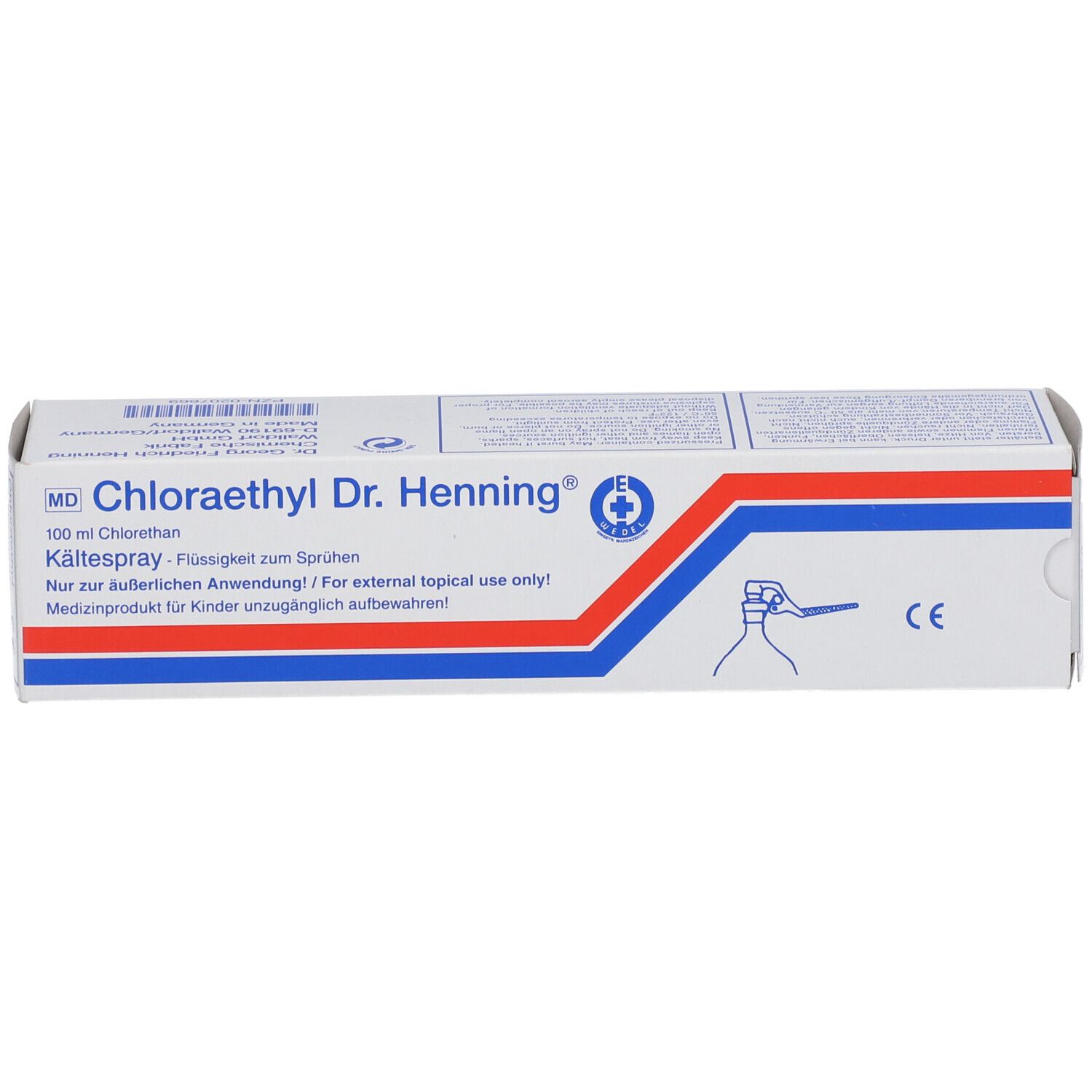 Doos van Chloraethyl Dr. Henning®. Blauwe, rode strepen. Tekst: Kältespray, 100 ml Chlorethan. CE-markering.