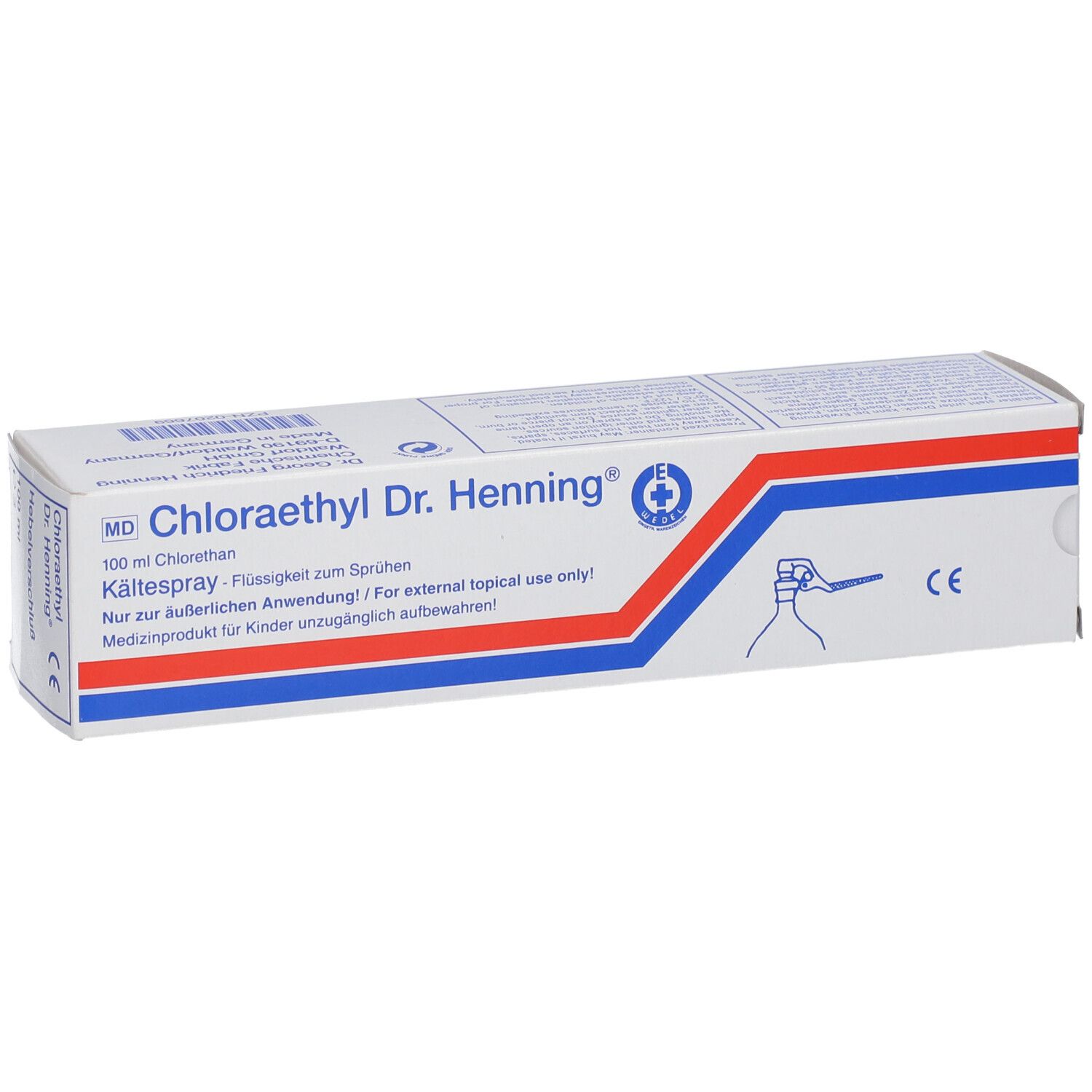 Doos van Chloraethyl Dr. Henning®. Blauwe, rode strepen. Tekst: Kältespray, 100 ml Chlorethan. CE-markering.