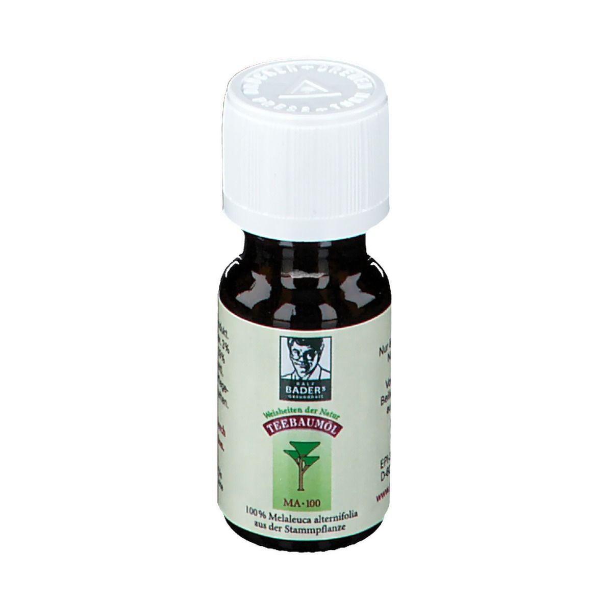 Bruine glazen fles met witte dop. Etiket met productnaam en logo. Tekst: MA-100, 100% Melaleuca alternifolia.