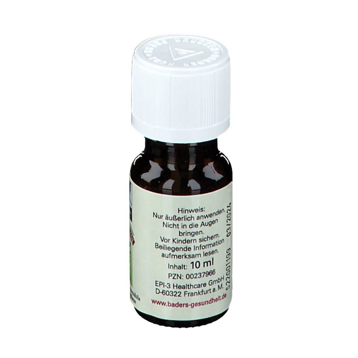 Bruine glazen fles met witte dop. Etiket met waarschuwingen en inhoud: 10 ml. PZN: 00237966.