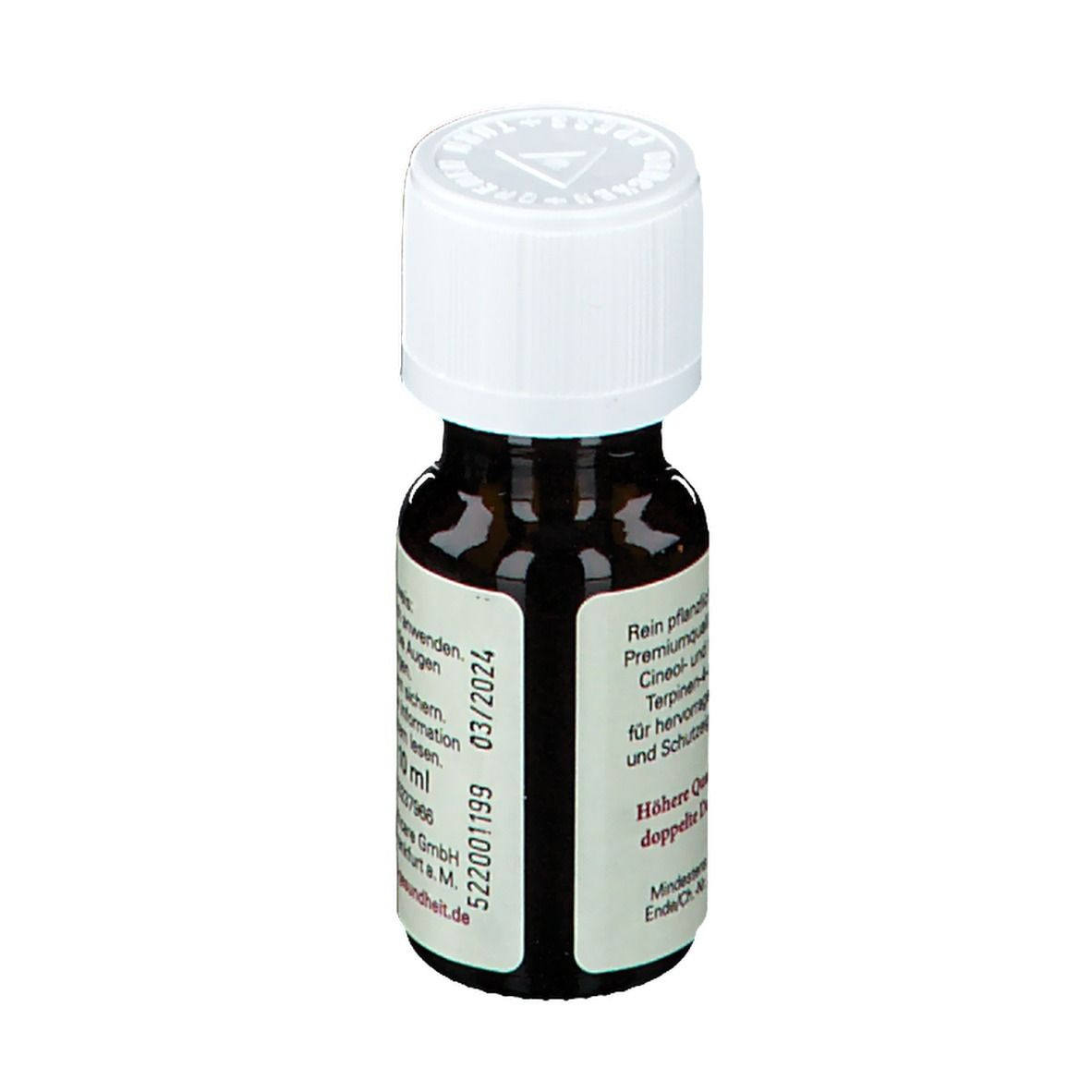 Bruine glazen fles met witte dop. Etiket met informatie en houdbaarheidsdatum 03/2024. Inhoud: 10 ml.